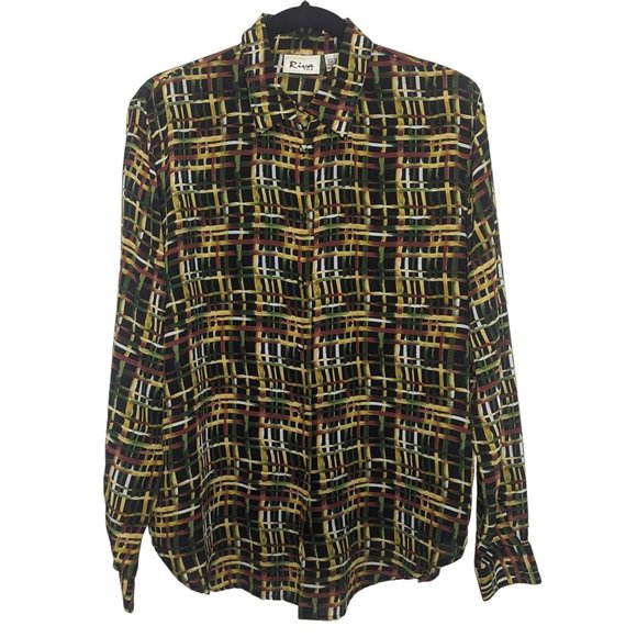 Riva Vintage long sleeve button front geometric print yellow green silk blouse S - Picture 1 of 7